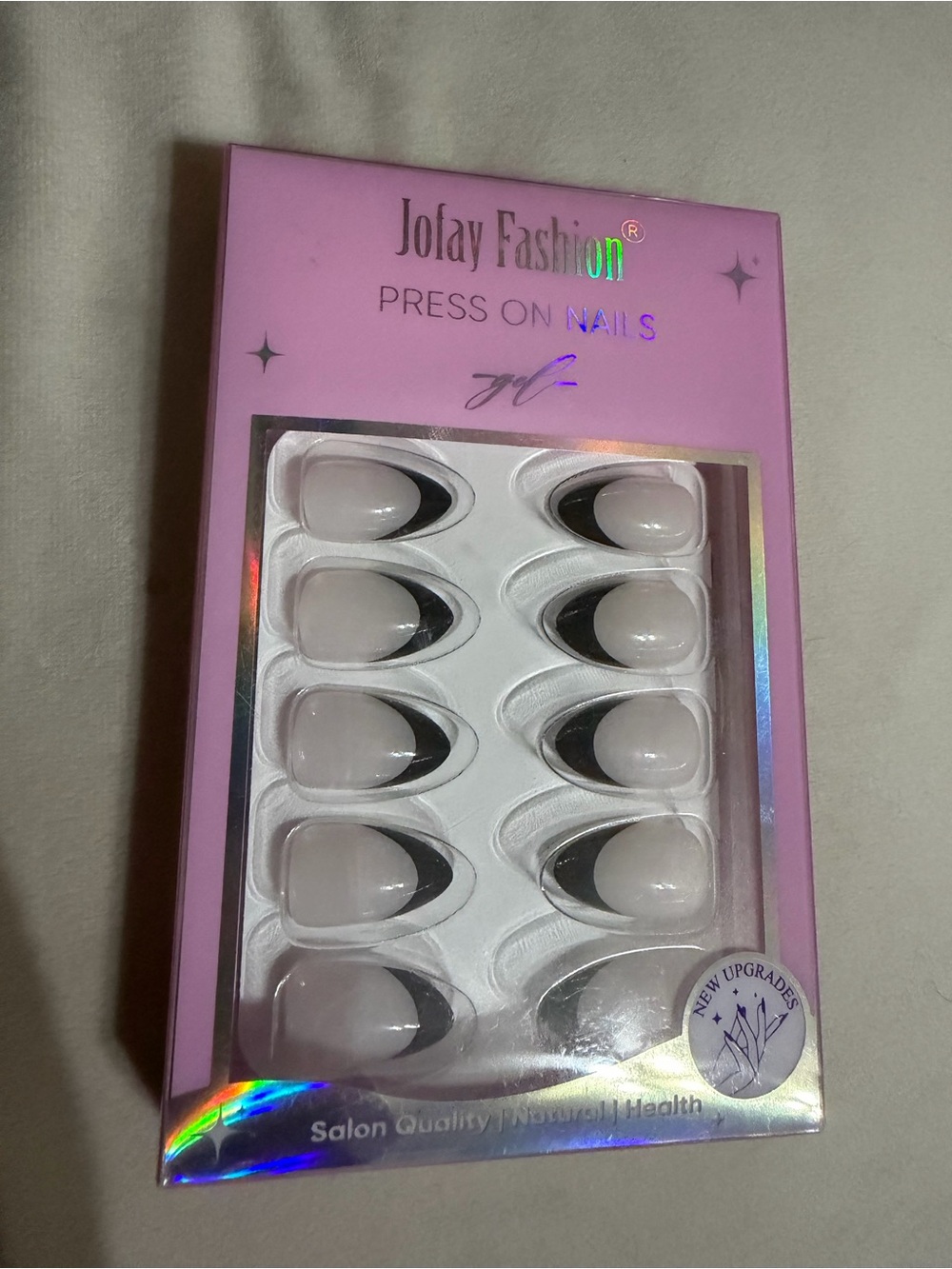 Jolay Fashion Press On Nails - White with Black Crescent Tips - Almond shape